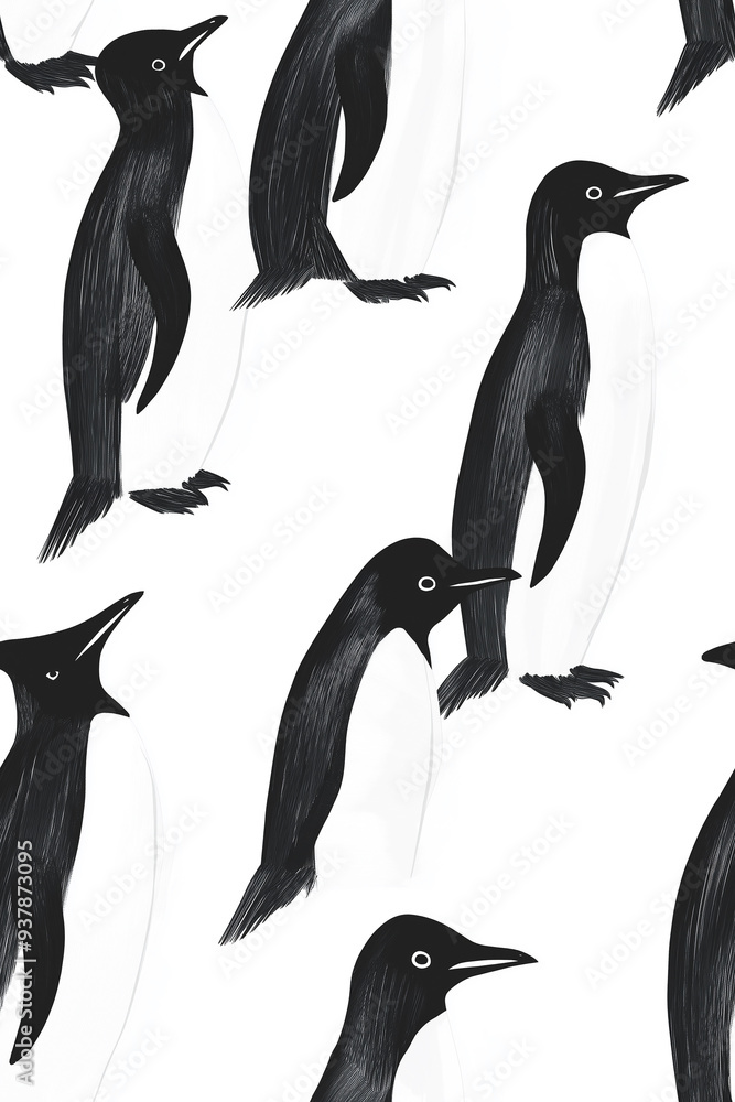 Naklejka premium Elegant seamless pattern with black and white penguins in various poses on a white background, suitable for winter-themed projects or animal lovers.