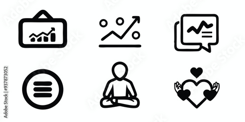 Design a series of line style icons representing business growth, progress, communication, menu, meditation, and love.