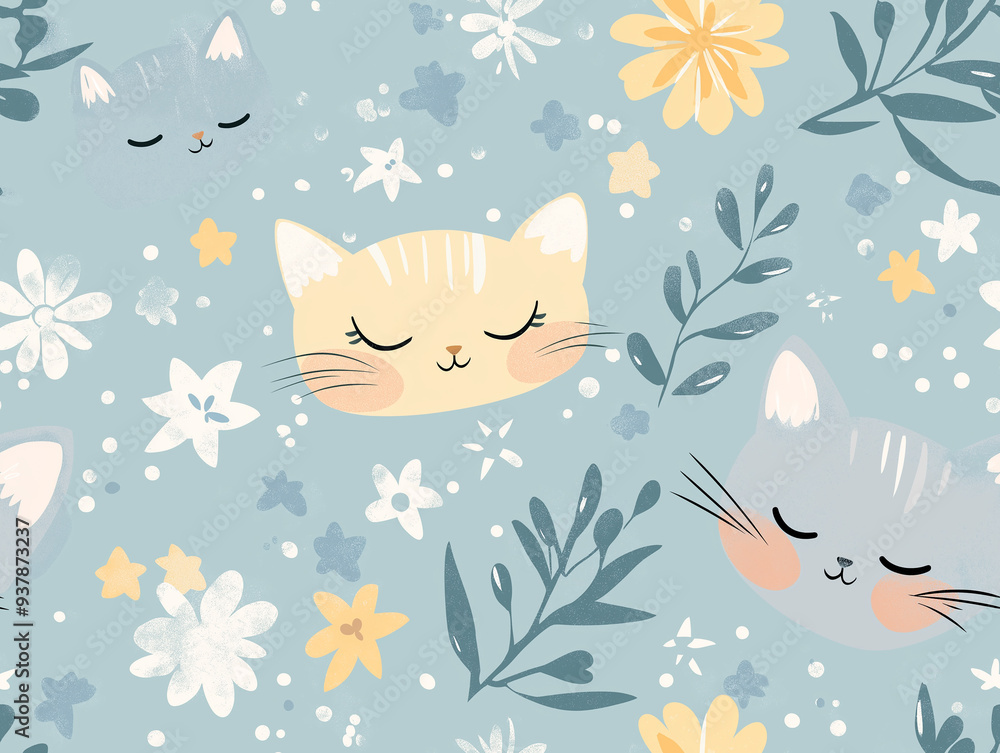 Fototapeta premium Charming seamless pattern of smiling cat faces among flowers and leaves on a blue background, perfect for children's products and playful designs.