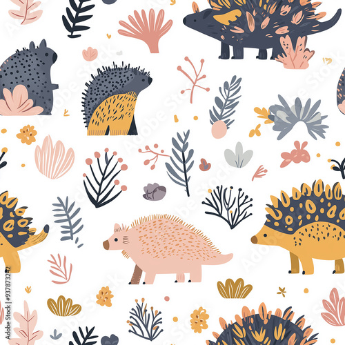 Fototapeta Naklejka Na Ścianę i Meble -  Seamless pattern showcasing whimsical dinosaurs and plants in a playful, hand-drawn style with pastel colors, perfect for kids' products and educational materials.