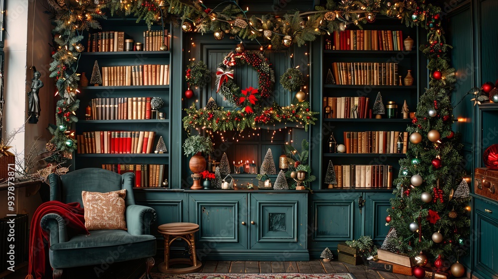 Christmas themed shelving unit with frame and books in a space Christmas themed shelving unit with frame and books in a space