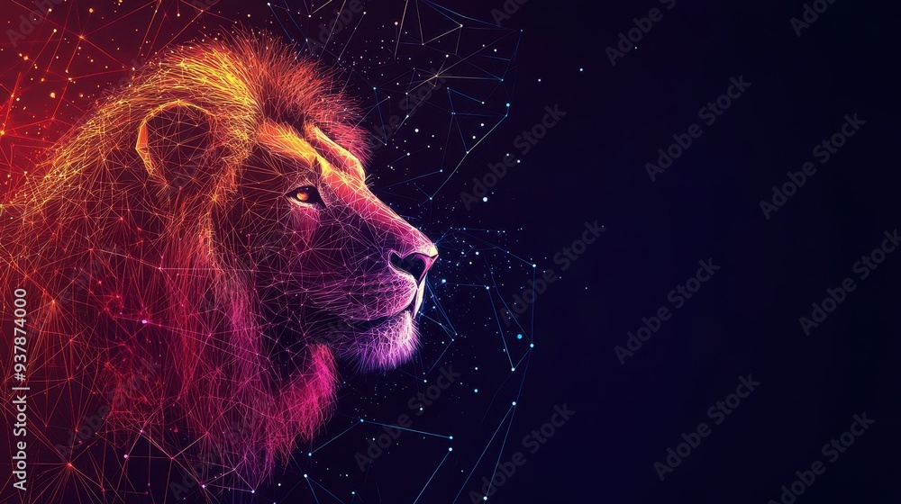 Naklejka premium Tech concept lion silhouette formed by interconnected nodes