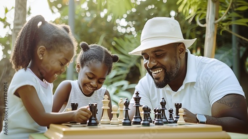 African American father and two young daughters play chess match outdoors, family bonding intellectual learning and strategy concept