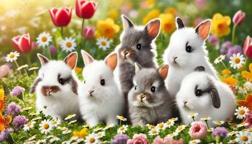 Adorable Group of Baby Bunnies in Spring Flower Garden with Daisies and Tulips