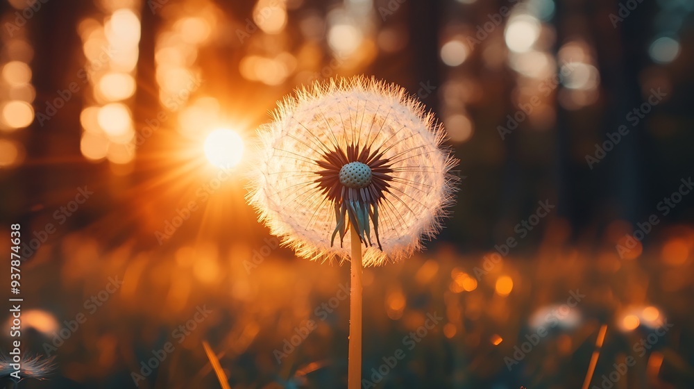 Fototapeta premium Big white dandelion in a forest at sunset Macro image shallow depth of field Abstract summer nature background : Generative AI