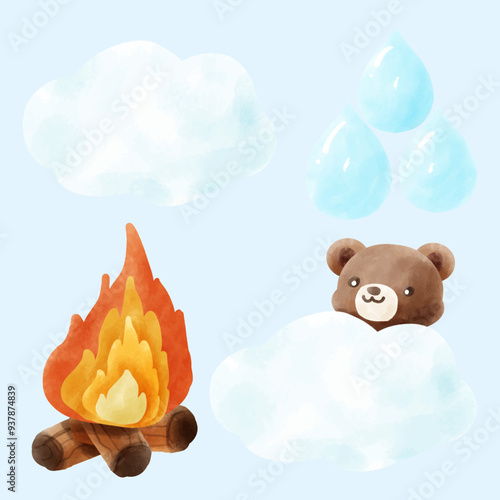Cute cartoon bear ,Cloud , raindrops and bonfire. Watercolor vector illustration.