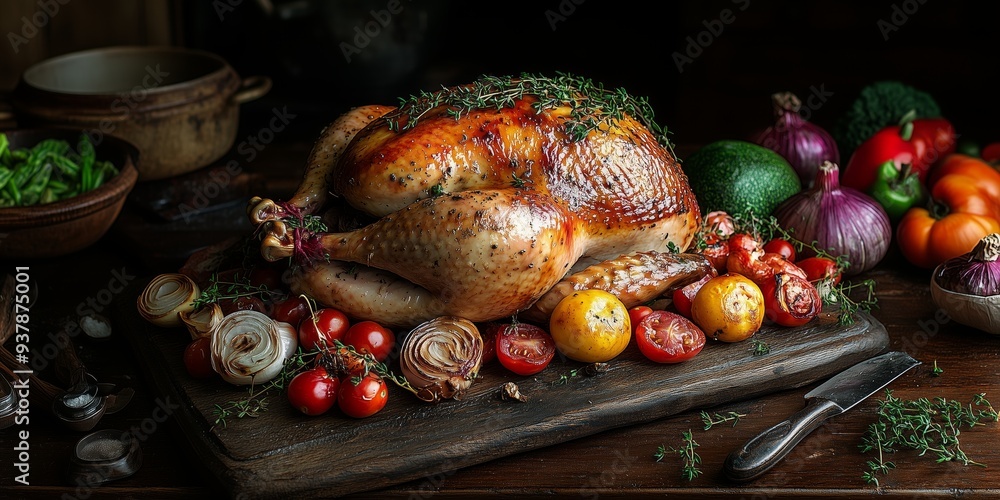 A fresh juicy turkey on the table, surrounded by vegetables and cooking utensils on a wooden background. used for a restaurant menu or a Christmas or Thanksgiving festive dish A fresh juicy turkey on the table, surrounded by vegetables and cooking utensils on a wooden background. used for a restaurant menu or a Christmas or Thanksgiving festive dish
