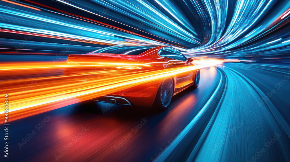 Fototapeta premium Red sports car speeding on a highway at night with motion blur