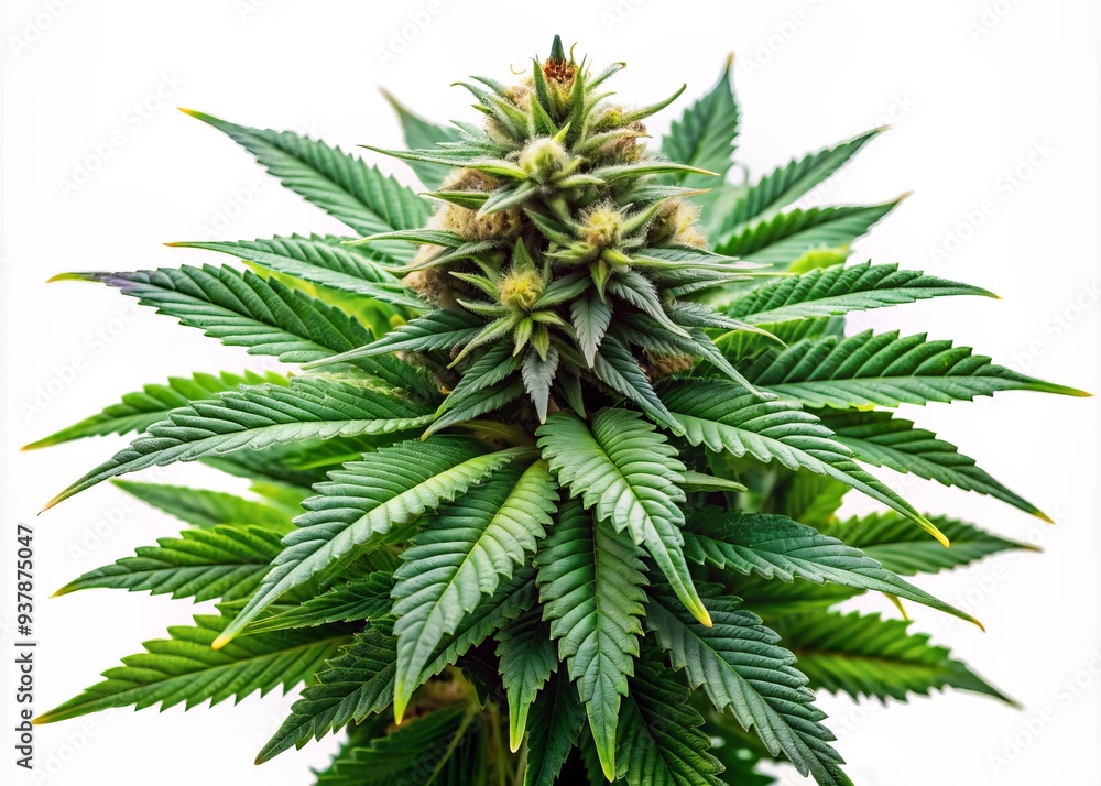 A lush green cannabis plant with dense buds and intricate leaflets grows alone, isolated over a pure white background, showcasing its natural beauty. A lush green cannabis plant with dense buds and intricate leaflets grows alone, isolated over a pure white background, showcasing its natural beauty.