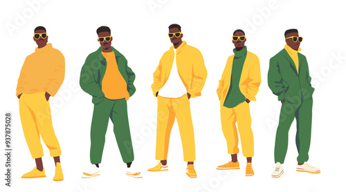 vector black people standing in bright clothes on white background .Generative AI