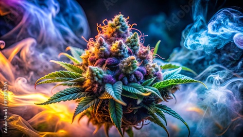 Vibrant, sugary cannabis buds emit a mesmerizing cloud of fragrant, swirling terpene smoke, showcasing the plant's potent essence in a mystical, macro close-up atmosphere. photo