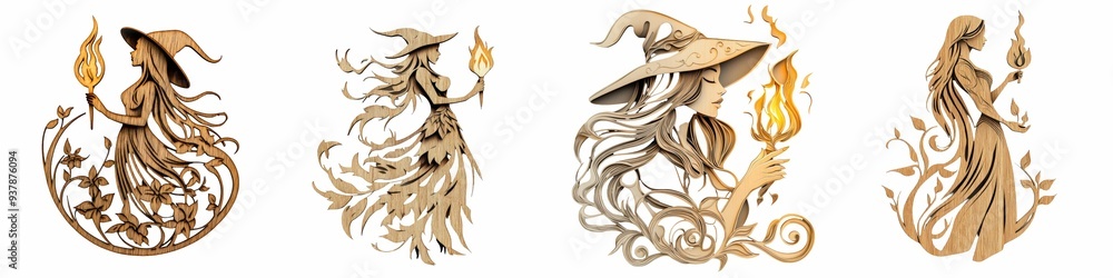 A collection of wooden carvings depicting witches in flowing robes holding flames. Each design is adorned with floral motifs, showcasing detailed craftsmanship and elegant, mystical themes. A collection of wooden carvings depicting witches in flowing robes holding flames. Each design is adorned with floral motifs, showcasing detailed craftsmanship and elegant, mystical themes.