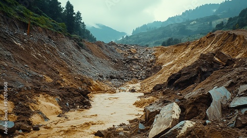 View of a Landscape shot of dangerous landslide occurred due to heavy rainfall landslide natural disasters in hilly areas Massive landslide : Generative AI photo