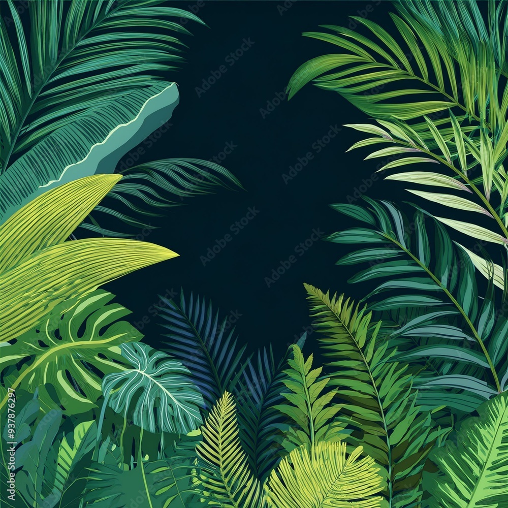Wild dark jungle forest nature landscape with green jungle foliage and exotic plants Wild dark jungle forest nature landscape with green jungle foliage and exotic plants