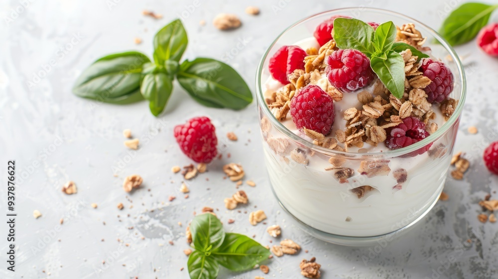Tasty homemade yogurt parfait with granola, raspberry sauce, fresh raspberries and aromatic basil leaves in a glass on light marble background close up, healthy low carb dessert concept Tasty homemade yogurt parfait with granola, raspberry sauce, fresh raspberries and aromatic basil leaves in a glass on light marble background close up, healthy low carb dessert concept