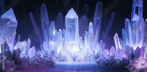 The Crystal Palace is full of crystals, emitting a blue-purple light and shining brightly at the center of the stage. Created with Ai