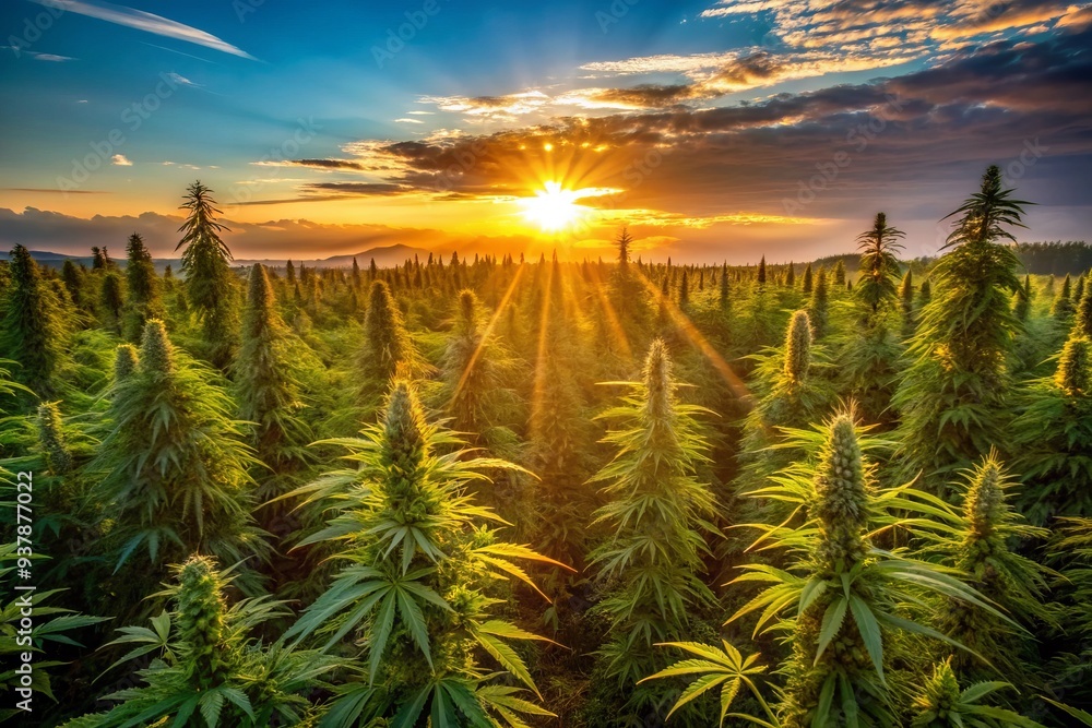 Fototapeta premium Warm golden light of a serene sunset illuminates a lush green field of towering cannabis plants, casting long shadows in the calm evening atmosphere.
