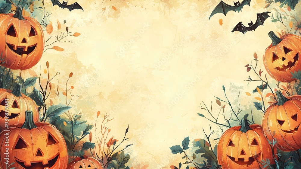 A Halloween scene featuring jack-o'-lanterns, bats, and autumn foliage on a light beige background, creating a festive and spooky vibe. A Halloween scene featuring jack-o'-lanterns, bats, and autumn foliage on a light beige background, creating a festive and spooky vibe.