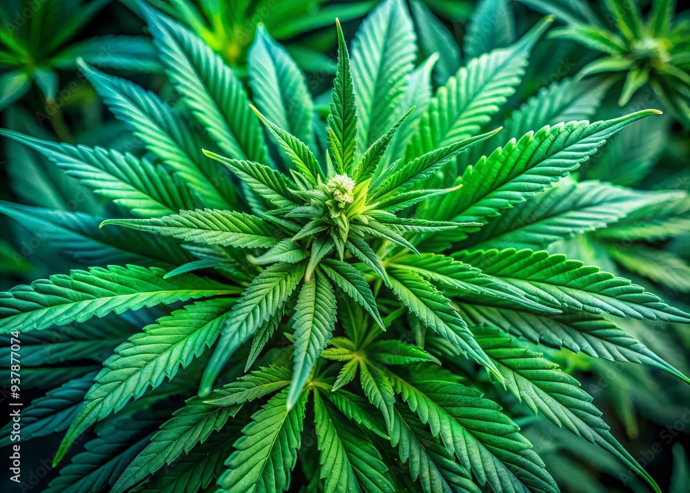 Fototapeta premium A vibrant green cluster of marijuana leaves with delicate trichomes and intricate veins, symbolizing the medicinal and recreational potential of cannabis cultivation.
