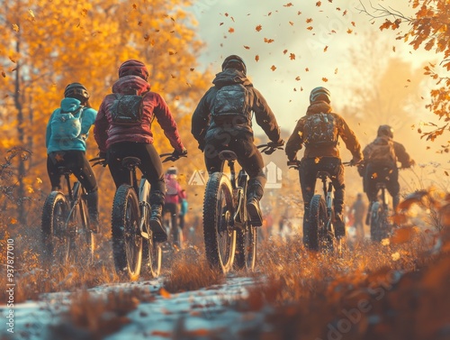 Energetic Group of Friends on a Mountain Biking Adventure Exploring the Great Outdoors with a Trendy Vibe, Stunning Nature Views, and a Sense of Freedom, A Perfect Day for Fall Hiking, Biking, and photo