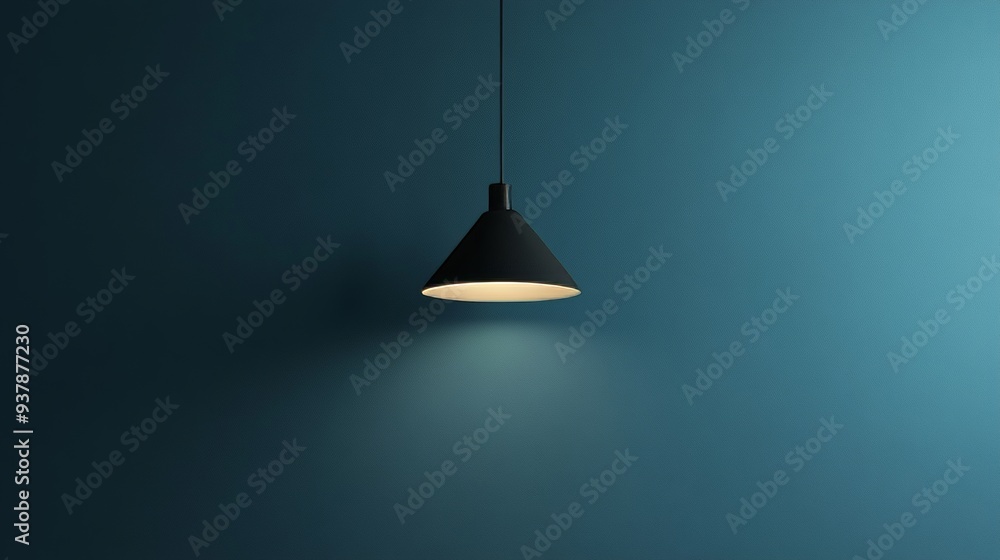 A black lamp is lit up against a blue wall A black lamp is lit up against a blue wall