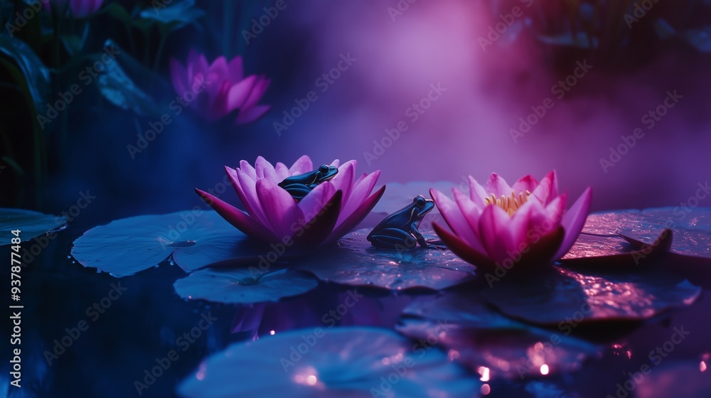A Serene Scene of Frogs Amidst Blooming Lotus Flowers A Serene Scene of Frogs Amidst Blooming Lotus Flowers