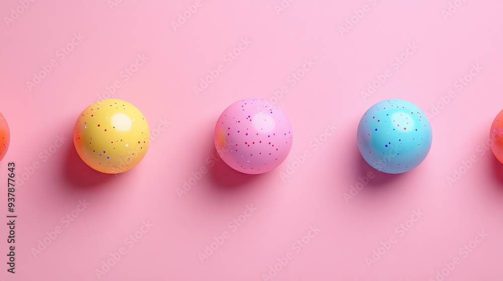 A row of colorful balls on a pink background A row of colorful balls on a pink background