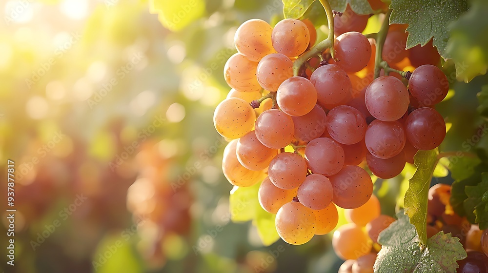 Fototapeta premium Closeup of ripe pink grapes hanging on vine in sunlight, illustrating the freshness and natural appeal of sun-ripened grapes.