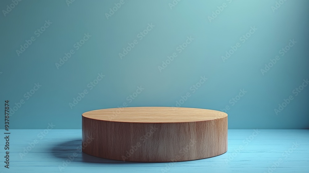 A wooden round table with a blue wall behind it A wooden round table with a blue wall behind it