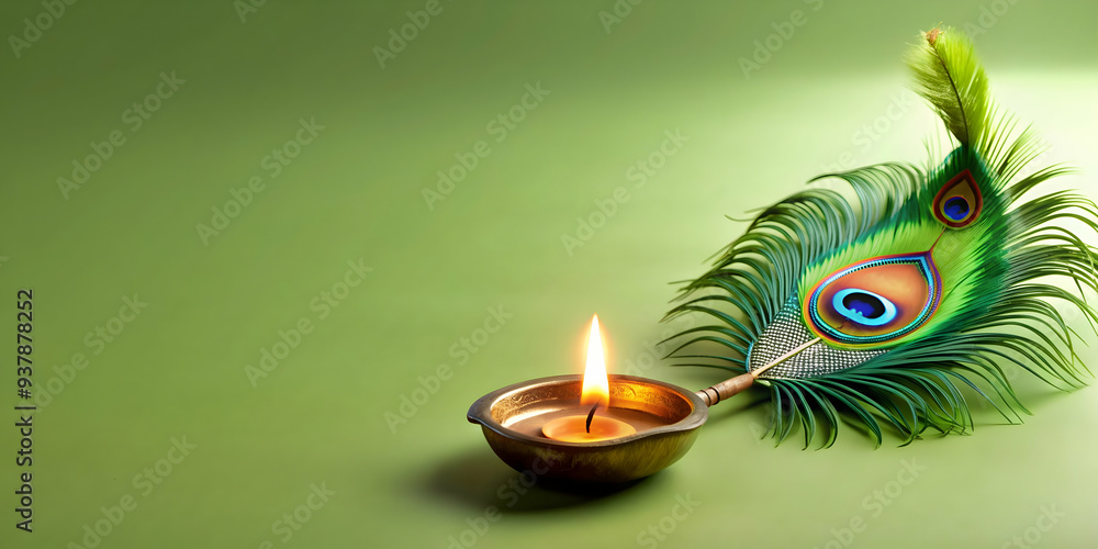 3D Diya and Peacock Feather Border concept as Horizontal frame with a ...