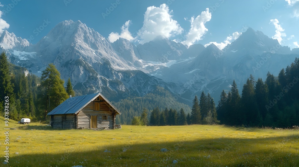 mountain landscape hut nature sky alps mountain hut house forest summer mountain range milk wagon karwendel panorama blue grass meadow bavaria alpine view mountain landscape summit : Generative AI