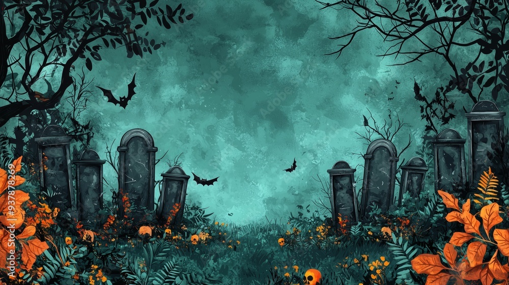 Obraz premium Halloween-themed graveyard scene with tombstones, flying bats, and overgrown foliage against a misty, eerie sky.