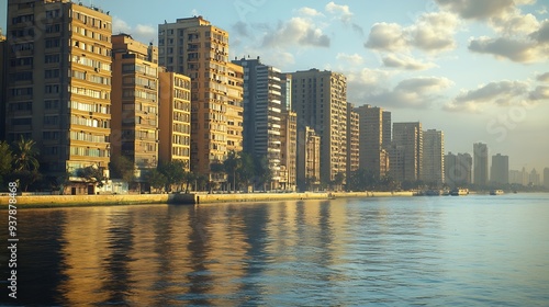 The Great Nile river and the banks of Cairo with fashionable buildings Egypt : Generative AI photo