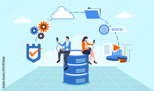 Database system, data network management, security or search, cloud computing technology or file document archive, database administration concept, man or woman working with computer laptop on databa