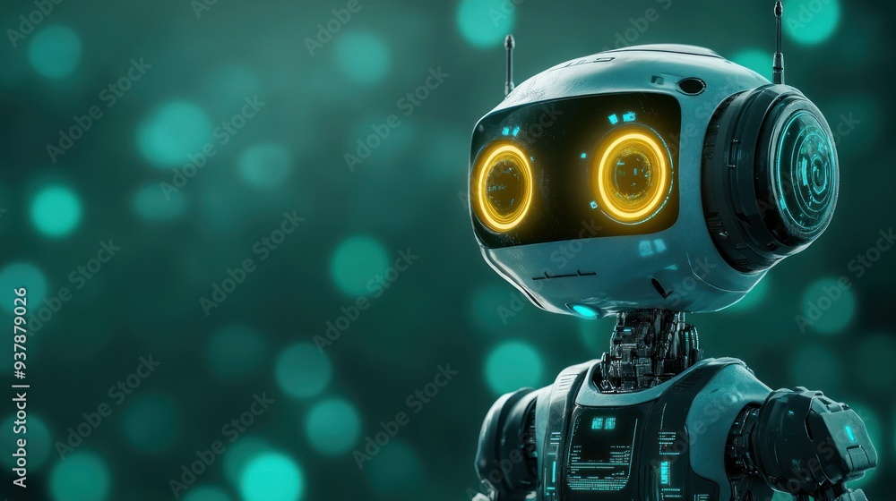 Futuristic Robot with Glowing Yellow Eyes - A sleek, futuristic robot with glowing yellow eyes, showcasing advanced technology and artificial intelligence in a dark, minimalist setting. Futuristic Robot with Glowing Yellow Eyes - A sleek, futuristic robot with glowing yellow eyes, showcasing advanced technology and artificial intelligence in a dark, minimalist setting.