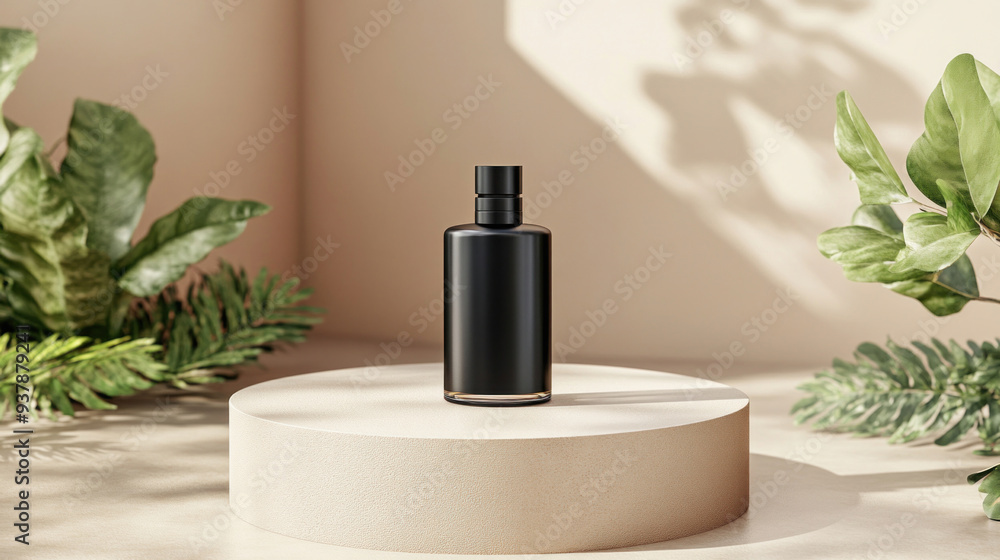 Black cosmetics bottle standing on stone podium surrounded by pampas grass Black cosmetics bottle standing on stone podium surrounded by pampas grass
