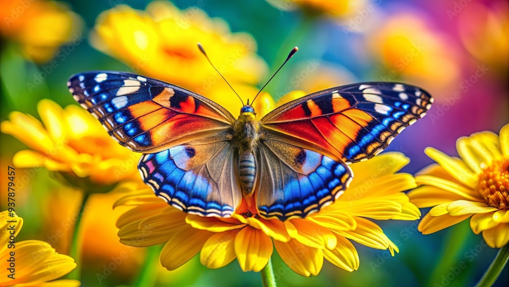 Fototapeta premium A close-up shot of a colorful butterfly resting on a vibrant yellow flower, butterfly, yellow, flower, colorful, nature