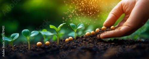 A hand is gently scattering seeds into rich, dark soil near growing seedlings under natural light