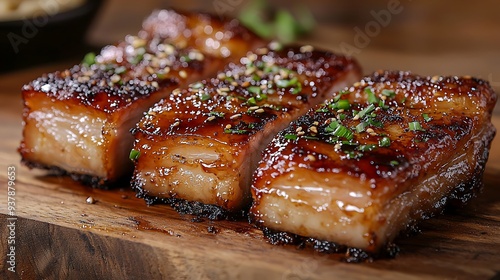 Crispy pork belly with sesame seeds and green onions, combining rich flavors and crunchy textures in a visually appealing dish.