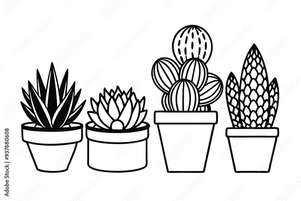 Vector illustration of diverse succulents in textured pots, perfect for botanical designs. Vector illustration of diverse succulents in textured pots, perfect for botanical designs.