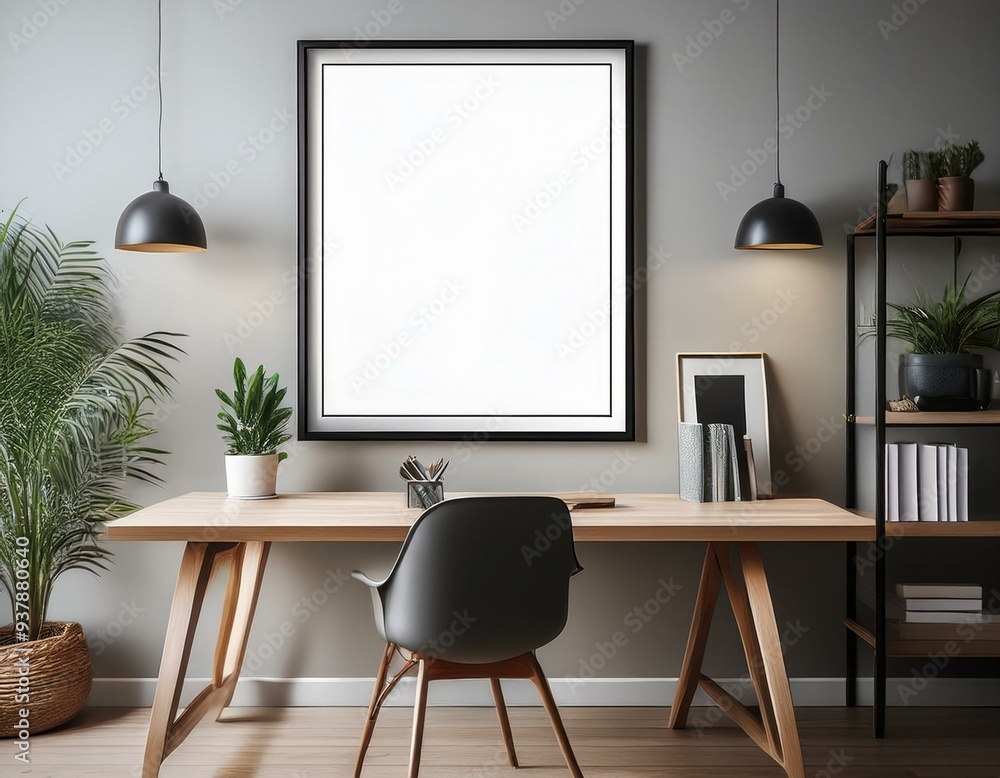 Poster frame mock-up in home interior background with commode, chair and decor in living room Poster frame mock-up in home interior background with commode, chair and decor in living room