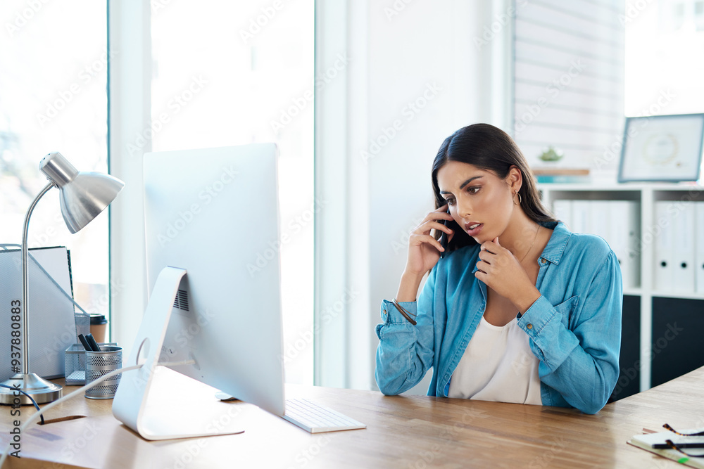 Woman, phone call and computer in office for news, online discussion and pc for project management. Female person, speaking and thinking on plan for company sale growth, networking and communication Woman, phone call and computer in office for news, online discussion and pc for project management. Female person, speaking and thinking on plan for company sale growth, networking and communication