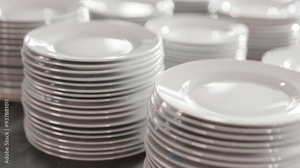A collection of white plates piled up, ready for use or storage A collection of white plates piled up, ready for use or storage