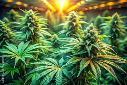 Vibrant green marijuana plants with dense, ripe buds thrive in a controlled environment, their leaves stretching towards the light, exuding a sense of growth and abundance. photo