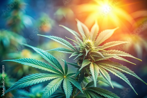 Soft focus cannabis marijuana leaves and buds against a blurred background with subtle gradient, evoking a sense of serenity and relaxation. photo