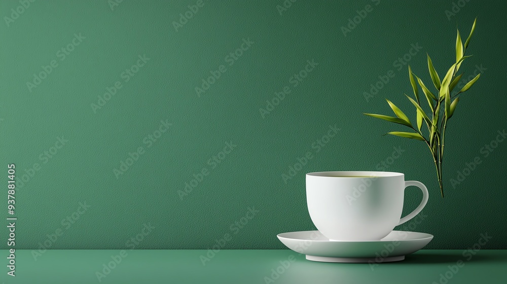 Cup of green tea with bamboo leaves, zen atmosphere, 3D illustration Cup of green tea with bamboo leaves, zen atmosphere, 3D illustration