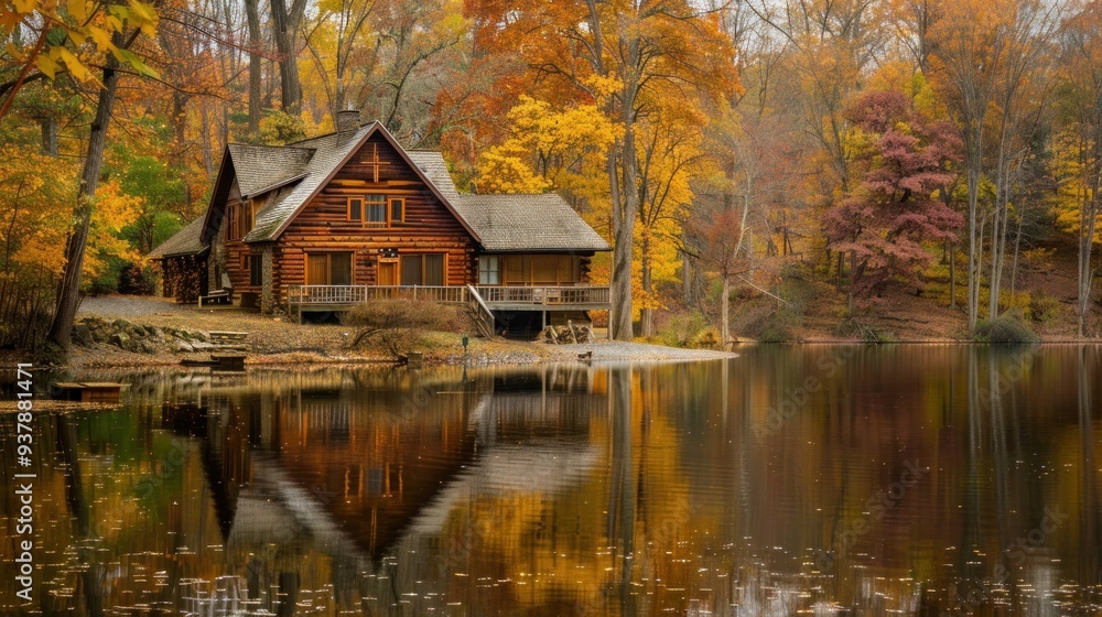 Cozy Log Cabin by the Lake in the Woods with Beautiful Water Reflection Cozy Log Cabin by the Lake in the Woods with Beautiful Water Reflection