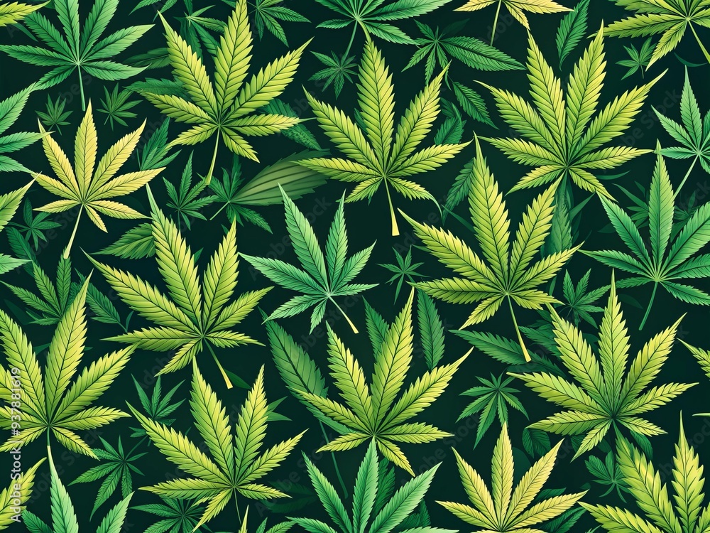 Vibrant green cannabis leaf seamless pattern forms a repetitive background, ideal for designs related to marijuana, hemp, weed, CBD, and alternative medicine. Vibrant green cannabis leaf seamless pattern forms a repetitive background, ideal for designs related to marijuana, hemp, weed, CBD, and alternative medicine.