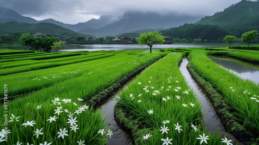 Naklejka premium Japanese rice fields flowers and mountains, rice paddies with water filled dikes, cultivation agriculture in harvest season