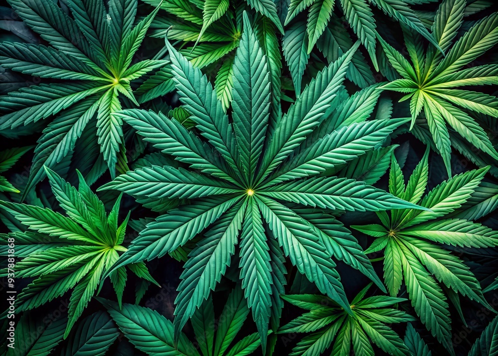 Vibrant green marijuana leaves with intricate details and textures are artfully arranged on a dark background, providing ample copy space for creative applications. Vibrant green marijuana leaves with intricate details and textures are artfully arranged on a dark background, providing ample copy space for creative applications.